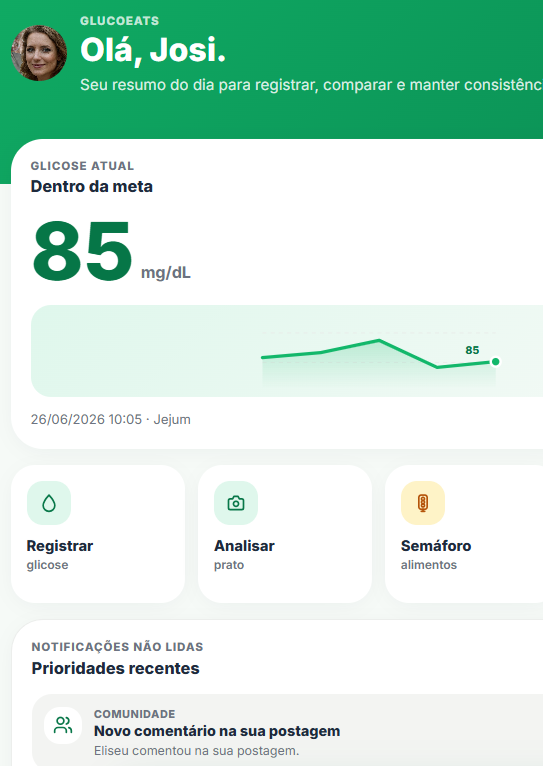 Tela inicial do GlucoEats com resumo de glicose e ações rápidas