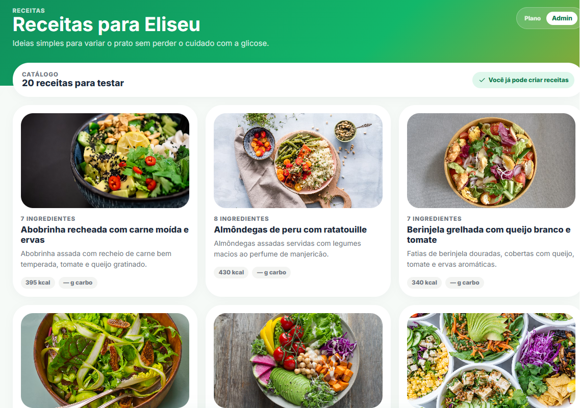 Tela do catálogo de receitas do GlucoEats